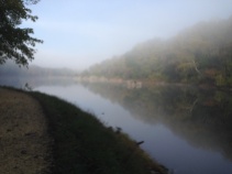 Mile 13: The beautiful Widewater section of the canal in the morning fog.
