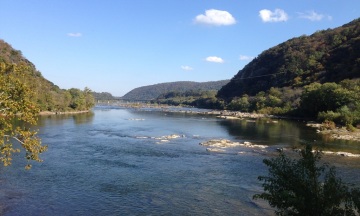 The view down the Potomac River from Harpers Ferry, where the Shenandoah River flows into the Potomac from the right.